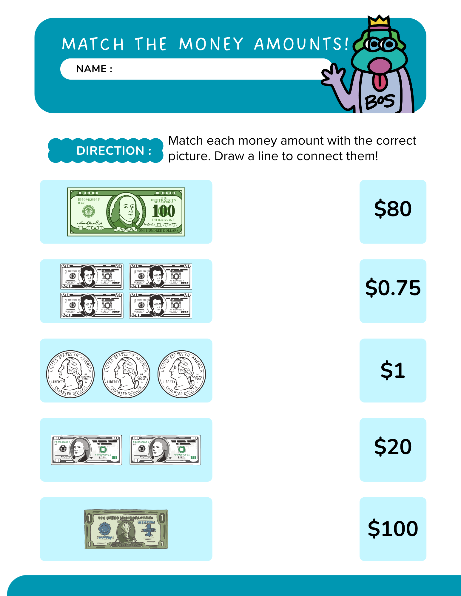 Match Money Amounts worksheet